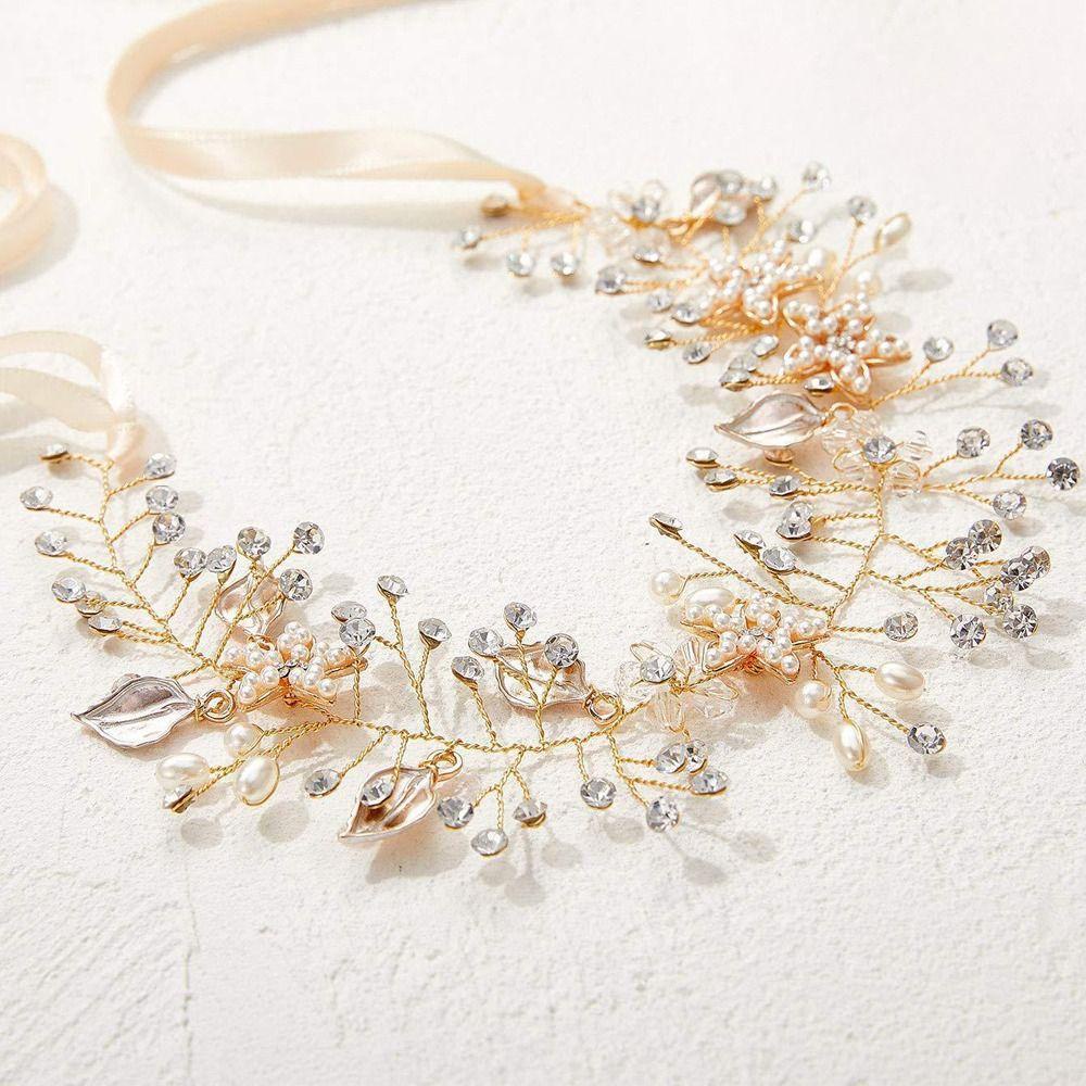 Lily Pearl Hair Vine, Aksesoris Rambut Bando Pengantin Wanita, Perhiasan Tiaras Berlian Imitasi Buatan Handmade Leaf Flower Hair Band Untuk Anak Perempuan