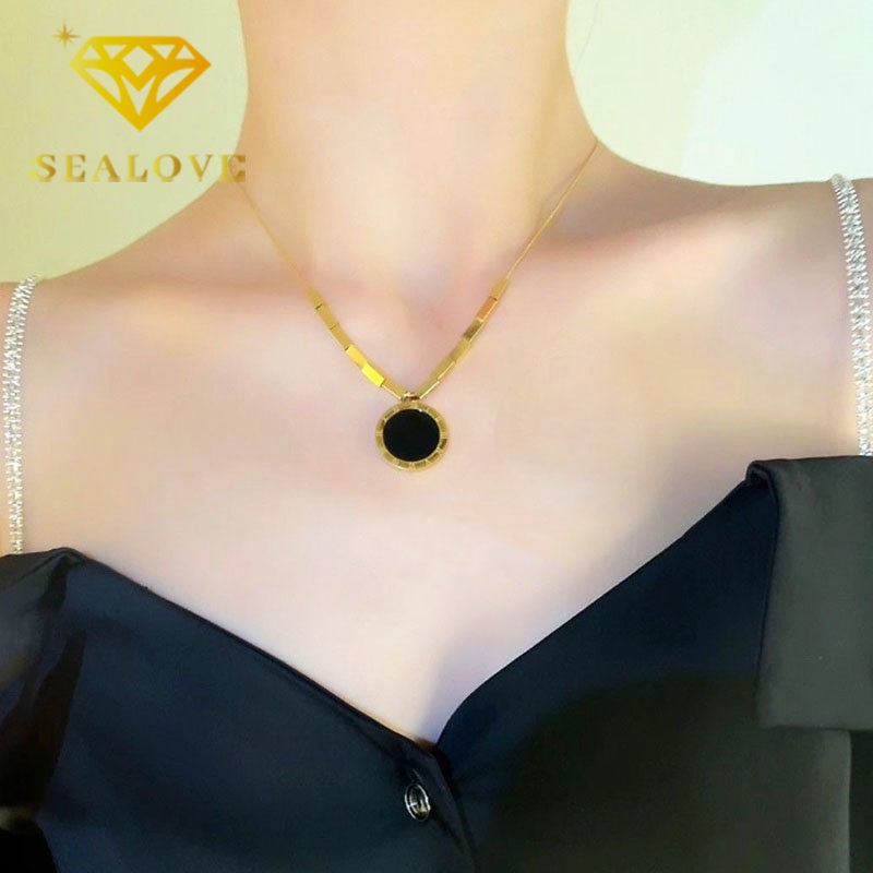 Kalung Titanium Anti Karat Romawi Bulat Hitam Korea Aesthetic Cantik Emas 18K  Aksesoris Wanita Perhiasan