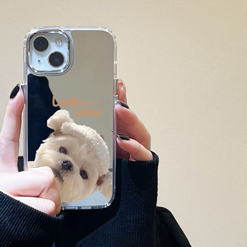 IPHONE Casing Ponsel Cermin Anjing Lucu Kompatibel Untuk Iphone11 12 13 14 12Pro 13Pro 14Pro Pro Max XR X XS Max Electroplating Tombol Perlindungan Mirror Cover