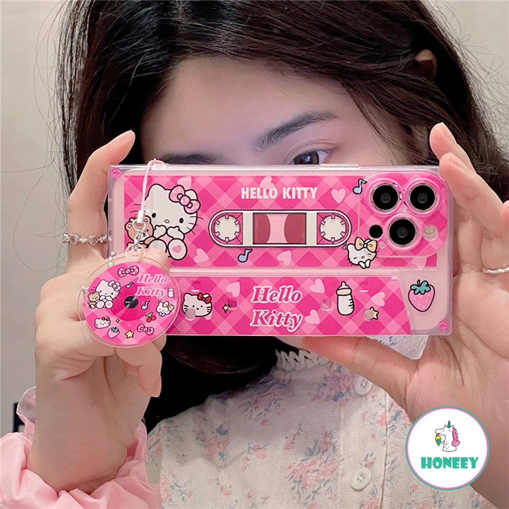 IPHONE Retro Musik Tape Art Kartun Bracket Shell Transparan Casing Ponsel Untuk Iphone14 13 12 Pro Max Case Iphone11Lucu Shockproof Soft Cover