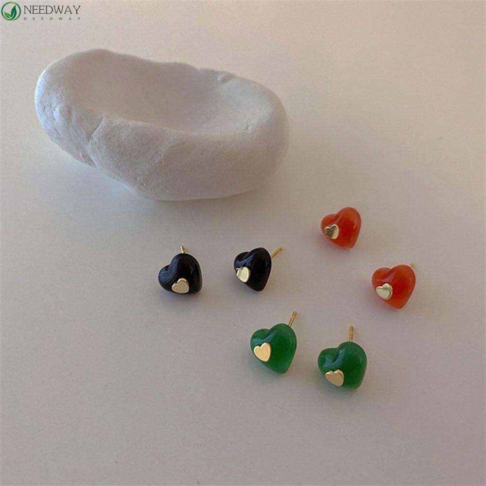 NEEDWAY Anting Hati Warna-Warni Temperamen Indah Elegan Resin Perempuan Logam Gadis Wanita Stud Earrings