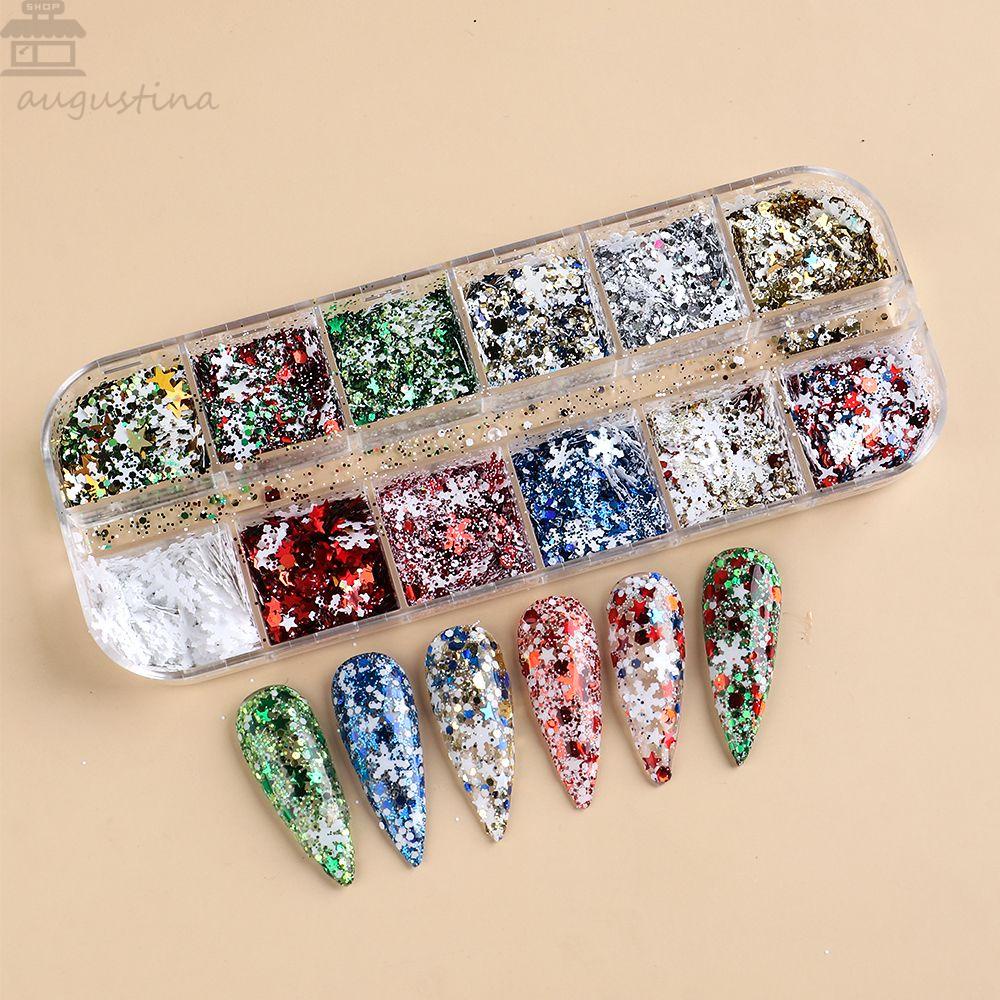 AUGUSTINA Agustina Natal Kuku Payet Fashion Shiny Manicure Bintang Pola Geometris Hiasan Kuku Set Snowflakes Nail Paillettes