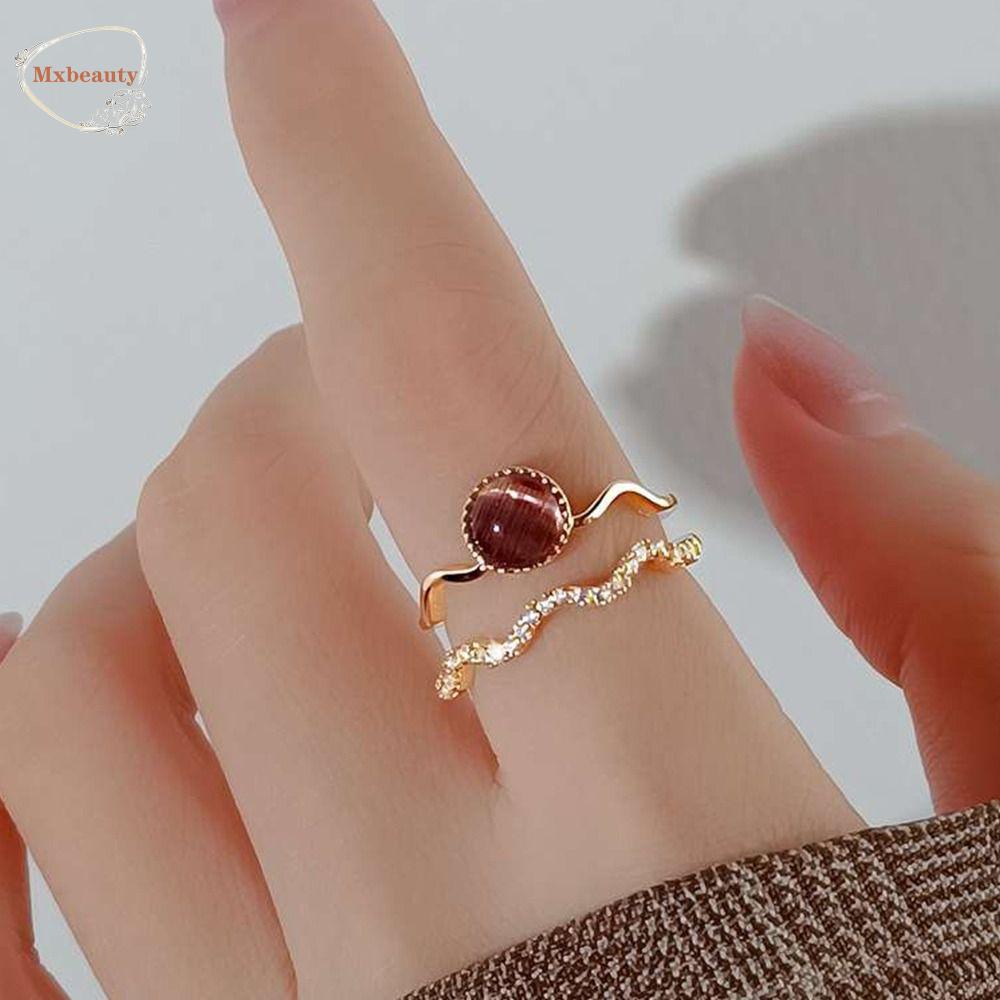 MXBEAUTY Wanita Cincin Dapat Disesuaikan Sederhana Chic Desain Niche Hadiah Gadis Manis Imitasi Mata Kucing Berlapis Ganda Pembukaan Cincin Gaya Perancis Cincin