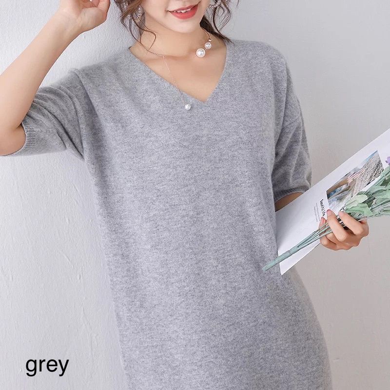 (D201) Slit short sleeve v neck knit dress midi rajut wanita