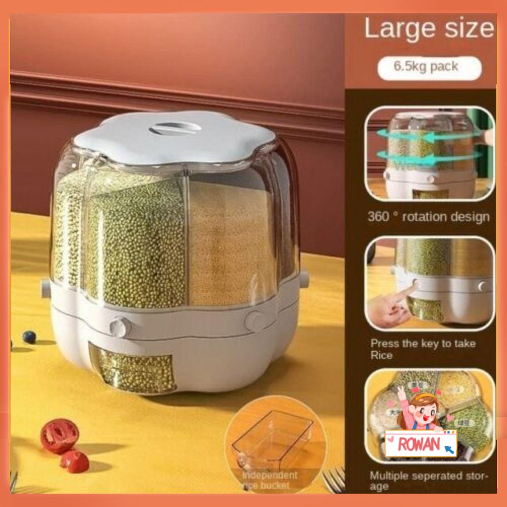 R-FLOWER Dispenser Biji-Bijian Dapur 6-Grid Dapat Diputar Tempat Penyimpanan Biji-Bijian Kapasitas Besar Multifungsi Rice Bucket