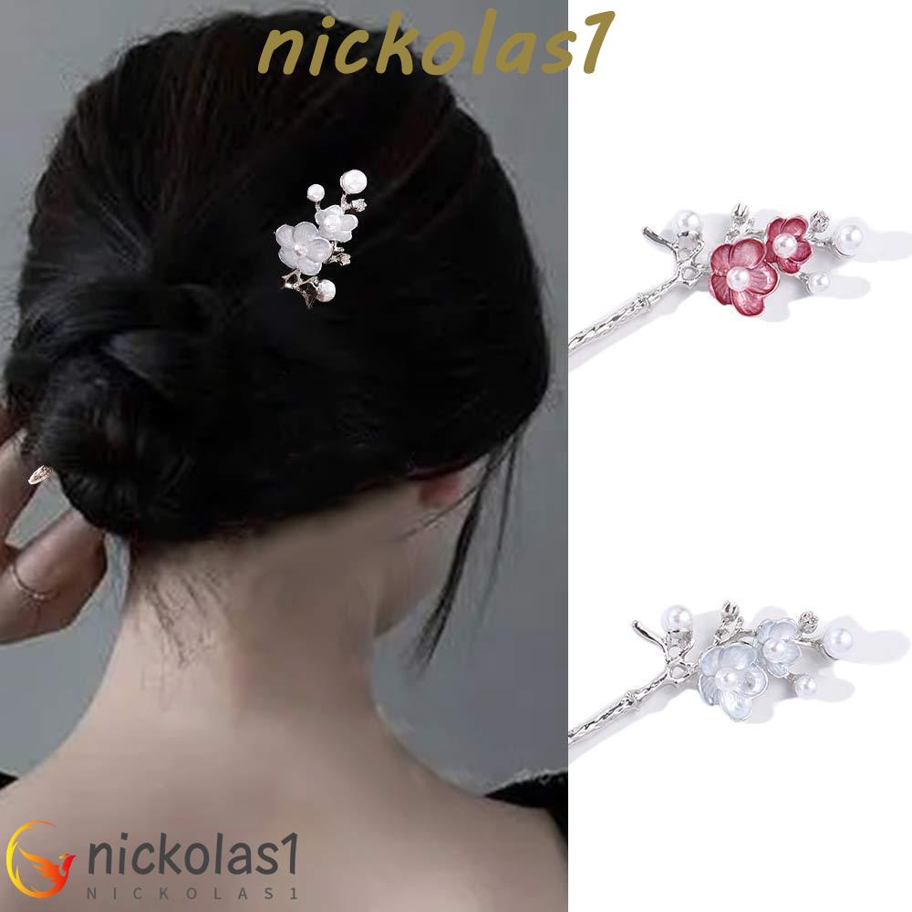 NICKOLAS1 Bunga Rambut Tongkat Temperamen Elegan Mutiara Plum Blossom Gadis Gaya Cina Hanfu Hiasan Kepala