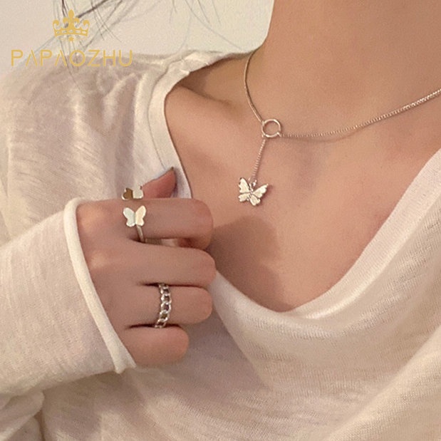 Papaozhu Chic Rantai Rumbai Perak Liontin Kupu-Kupu Kalung Untuk Wanita Gadis Perhiasan Halus Hadiah