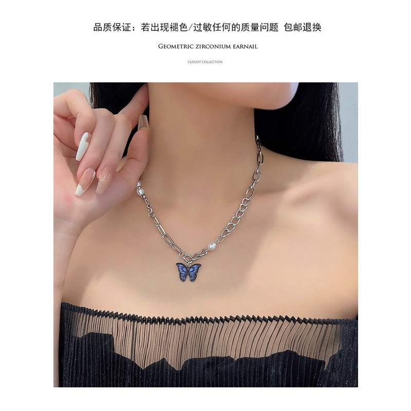 Korea Gaya Baru Manis Keren Gaya Mutiara Jahitan Kalung Kupu-Kupu Desain Niche Perasaan ins Rantai Klavikula Influencer Trendi