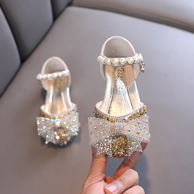 Sandal Sepatu Anak Perempuan Import Size 21-36 Pesta Korea Princess Gold Mutiara Mewah Terbaru 1 2 Tahun - Tanggung Anak Perempuan