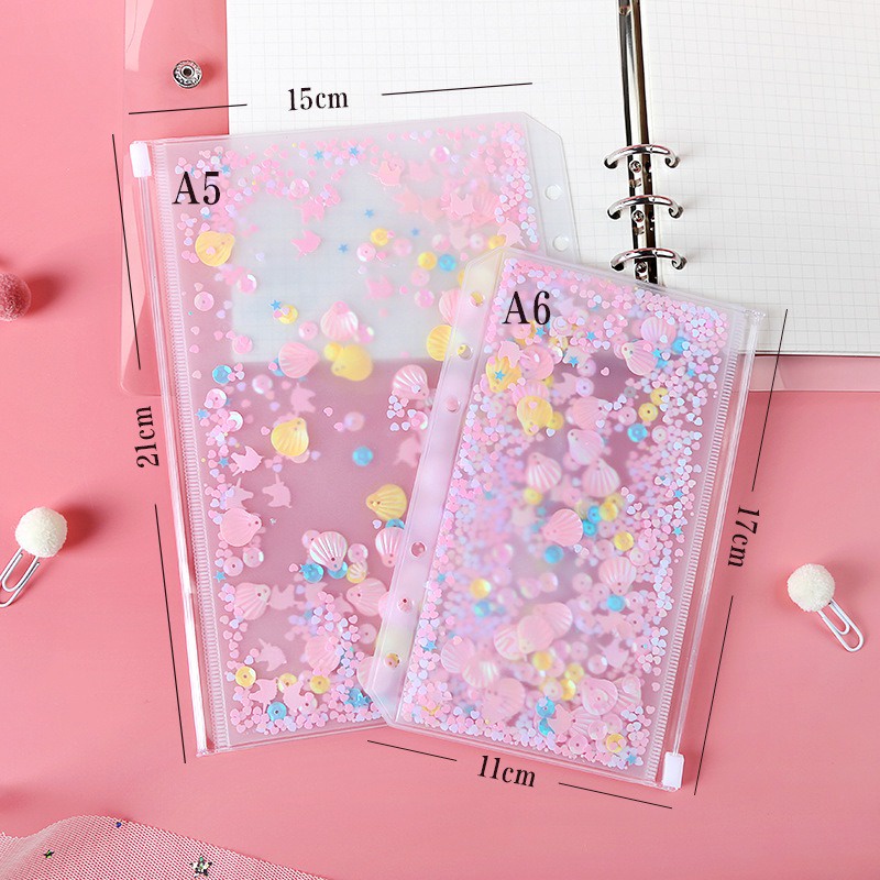 

Sequin Zipper Binder A5 A6 6 Holes Separator Glittery / Pocket Cash Budget Folder Planner Pouch, Warna Pink