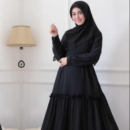 New Style Trend Baju Gamis Syari Wanita Ceruty Babydoll Full Furing Rempel Terbaru - Hitam, M