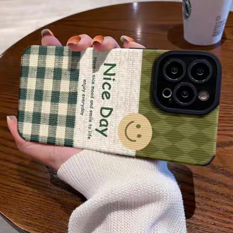 【Lamb Skin】SoftCase for IPhone 6S 7 Plus 8 Plus X XS XR XS Max 11 13 12 14 PRO Max 14 Plus 12 13 MINI Phone Case Pretty Green Smile Nice Day casing hp iphone xr