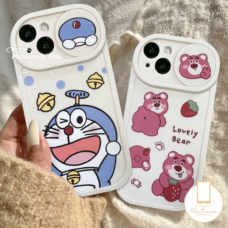 Lovely Strawberry Bear Lotso Case Compatible for IPhone 7Plus 11 XR 13 12 11 Pro Max 8Plus X XS Max Cartoon Doraemon Funny Dinosaur Push Pull Window Camera Lens Protector Cover