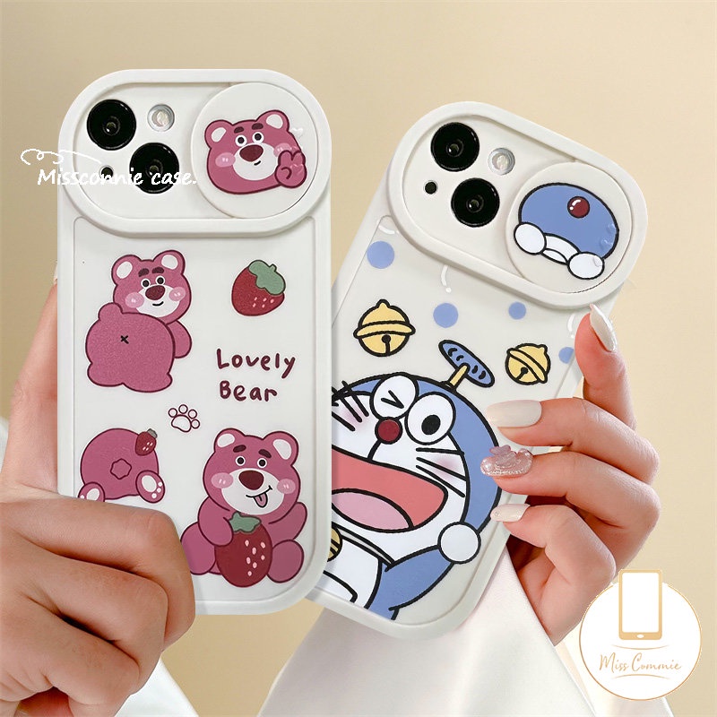 Lovely Strawberry Bear Lotso Case Compatible for IPhone 7Plus 11 XR 13 12 11 Pro Max 8Plus X XS Max Cartoon Doraemon Funny Dinosaur Push Pull Window Camera Lens Protector Cover