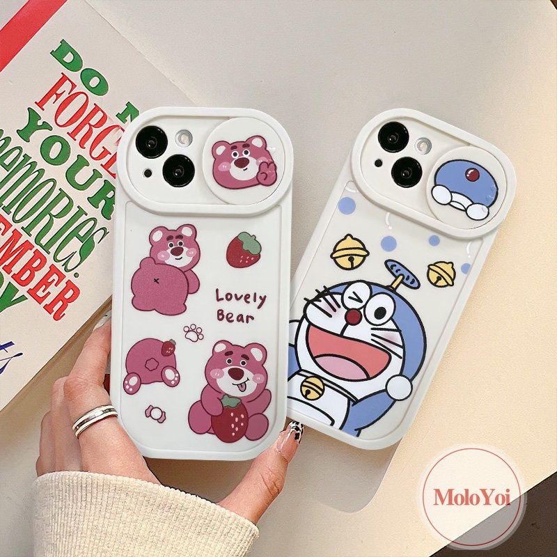 Push Pull Window Lovely Doraemon Funny Dinosaur Camera Lens Protector Case Compatible for IPhone 7Plus XR X XS Max 11 13 12 Pro Max 8Plus Strawberry Bear Lotso Cartoon Cover