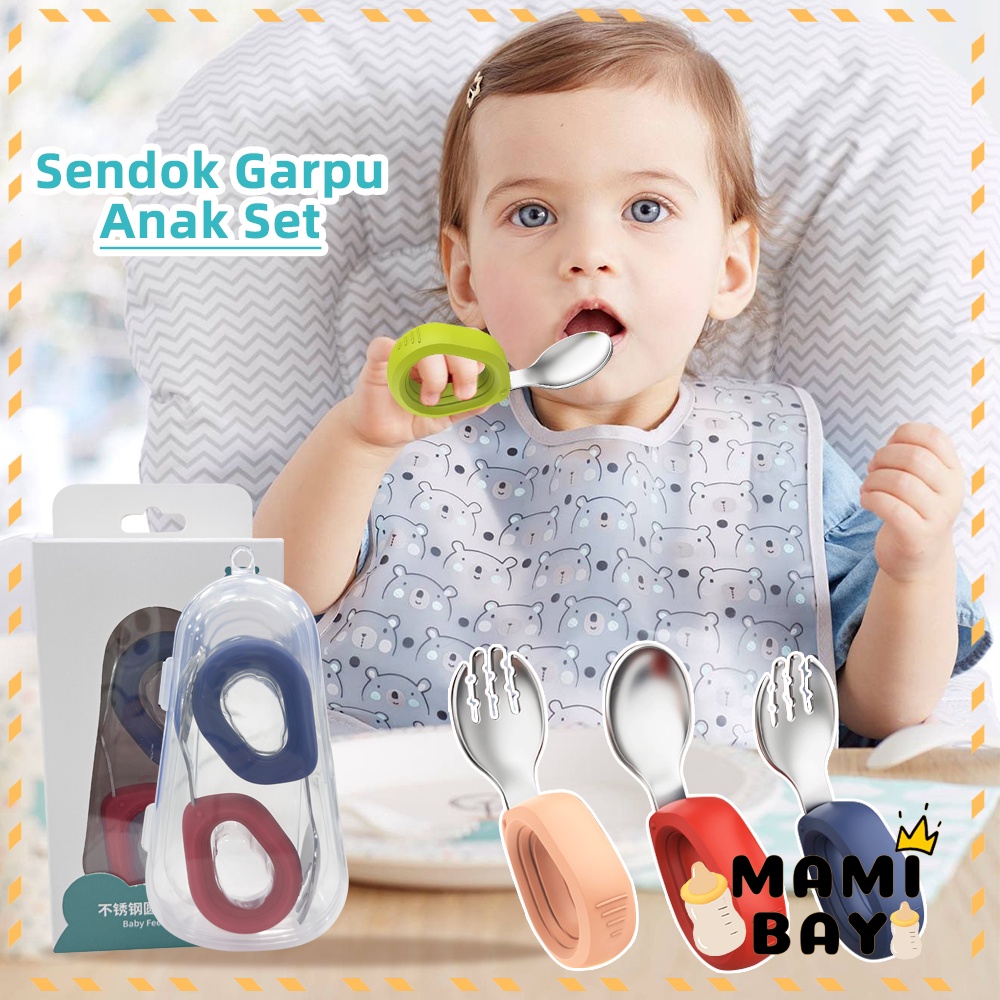 Mamibayi 2Pcs Sendok Garpu Set Sendok Belajar Makan Bayi Bahan Stainless Lengkung Gagang Silicon Training Spoon Baby