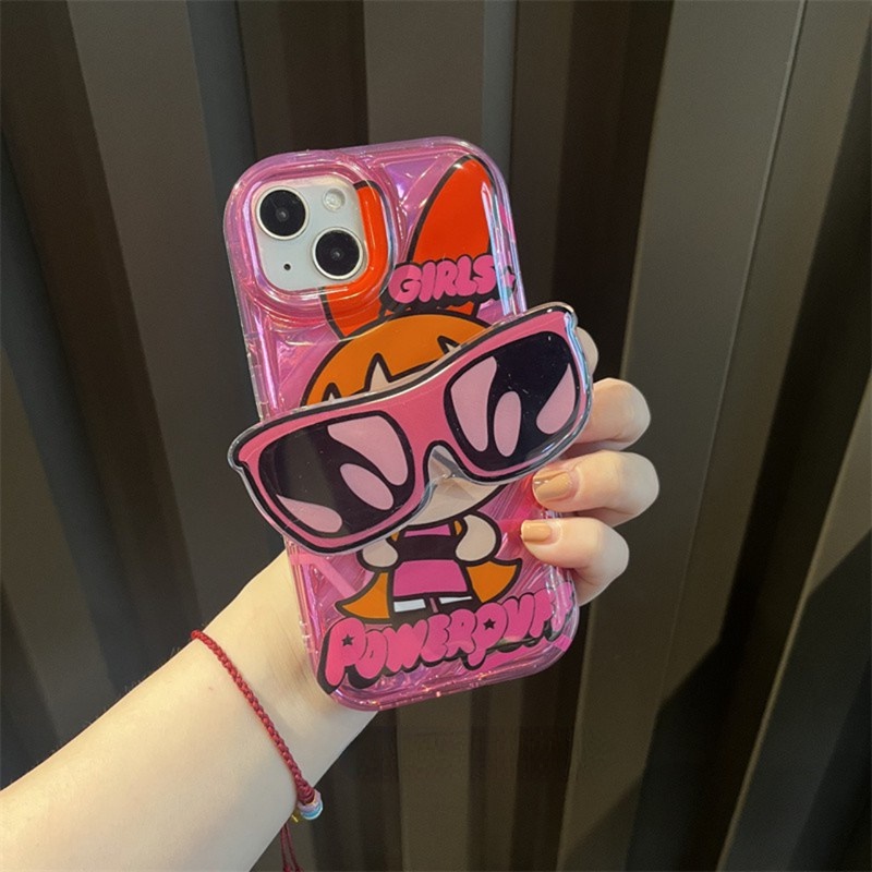 【The Powerpuff Girls】So Cool Laser Wave Gradient Silver Airbag SoftCase IPhone 11 12 13 14 Pro Max X XR XS MAX 14 Plus Girl Women's Fashion Cute Phone Case Gift Popsocket Sunglasse