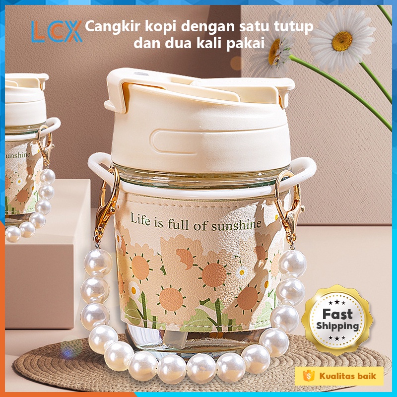 LCX Tumbler Kaca / Botol Lucu Tali Mutiara / Gelas Minum Kaca Simple Elegan Water Bottle Cup For Coffee VS-345