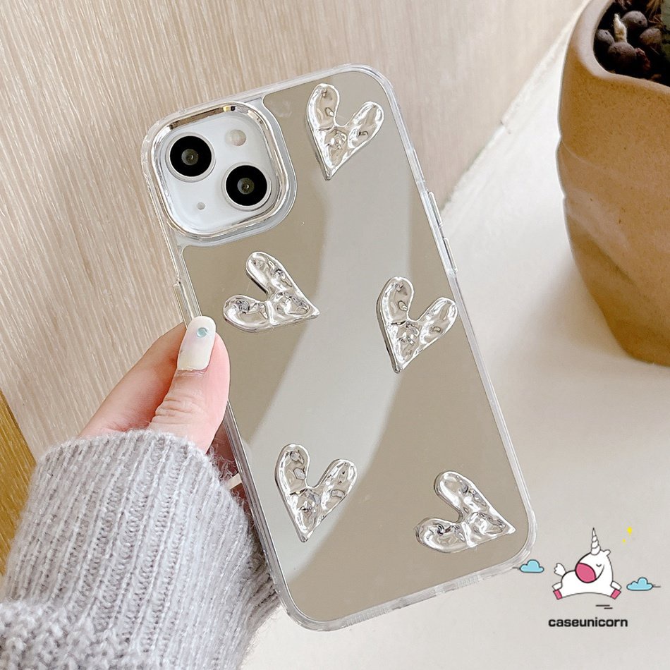 IPHONE Case Cermin Make Up Bahan Akrilik Metal Kompatibel Untuk Iphone11 13 14 12 Pro Max 14 Pro 12 Pro 13 Pro 14 Pro Max 11 13 14 12 Mewah 3D Stereo Silver Love Heart Plating Shockproof Cover