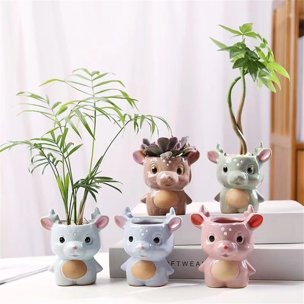 ღ Lucu Rusa Berbentuk Pot Bunga Sukulen Kartun Hewan Pot Bunga Keramik Succulent Planter Berkebun Rumah Succulent Pot Dekorasi Desktop