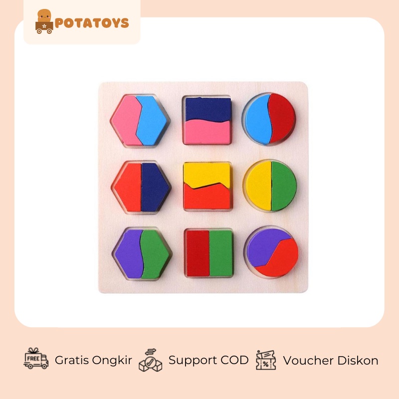 [ Potatoys ] Mainan Edukasi Puzzle Kayu / Puzzle Geometri / Puzzle Geometri 3D / Shape Sorting 4in1 Wooden Toys