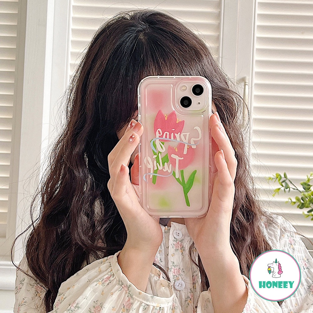 Spring Pink Tulip Phone Case Kompatibel Untuk iPhone 14 Pro 13 12 11 Pro Max XR XS 7 8plus Transparan Anti-Drop Airbag Cover