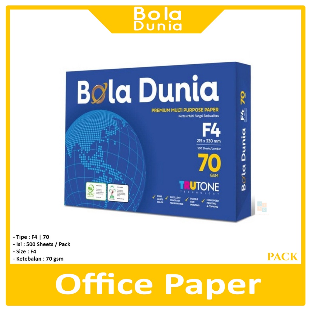 

BOLA DUNIA - Kertas Fotocopy F4 70 Gram Office Paper Print - Rim