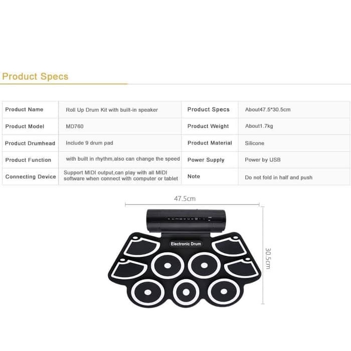 ✨READY✨ -Portable Roll Up Drum Pad Set Kit MD760 Built-in Speaker Support MIDI