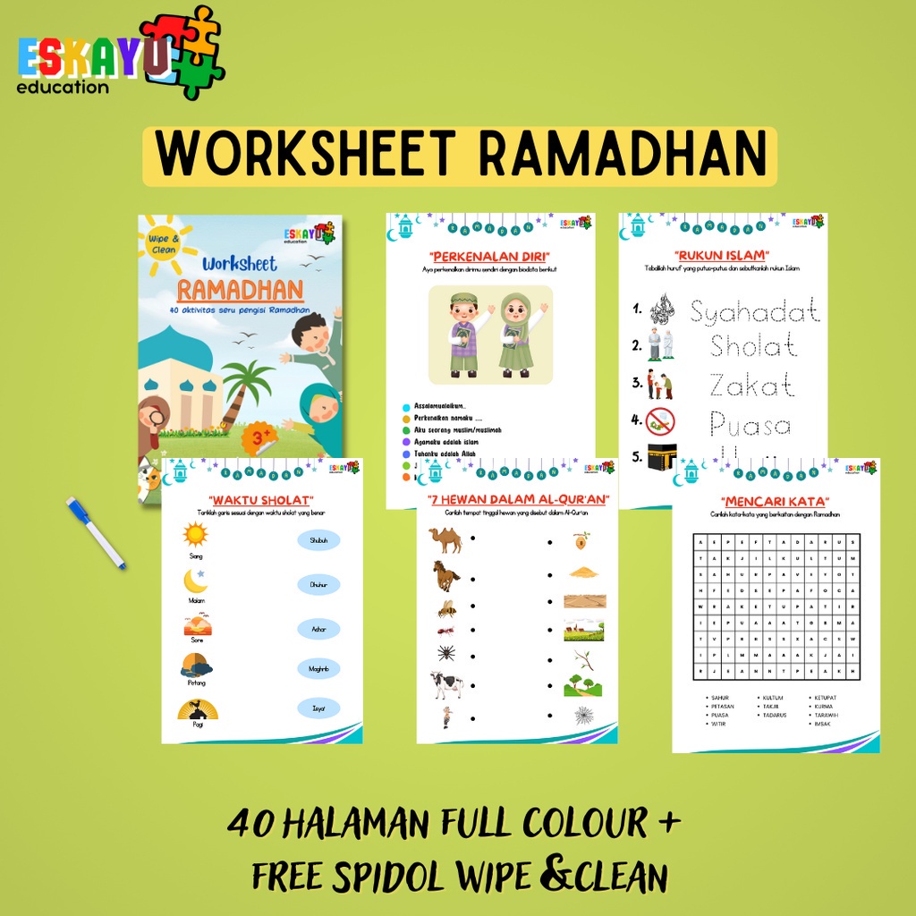 

WORKSHEET SPESIAL RAMADHAN / worksheet anak / lembar kerja anak paud tk / buku belajar latihan anak balita / buku activity aktifitas mainan edukasi montessori montessory 3