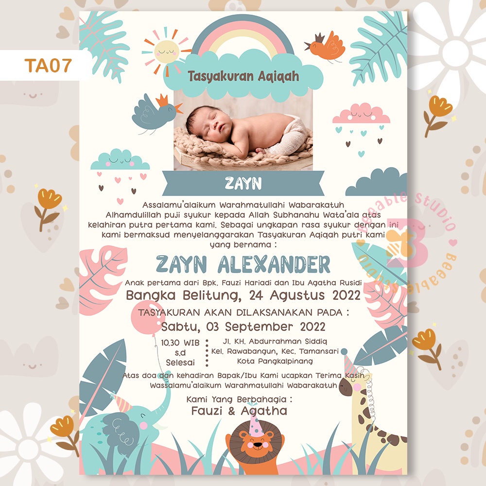 Undangan Aqiqah Digital Tema TA07 Zoo Animal Softfile | BeeableStudio