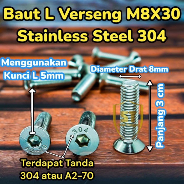 BAUT L VERSENG M8x30 STAINLESS 201 - COUNTERSUNK