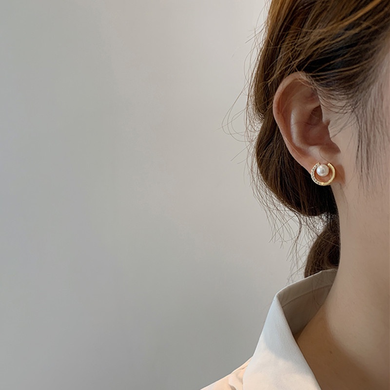 Ifyou Anting Pejantan Kristal Mutiara Untuk Wanita Elegan Berongga Bulat Emas Earring Perhiasan Aksesoris