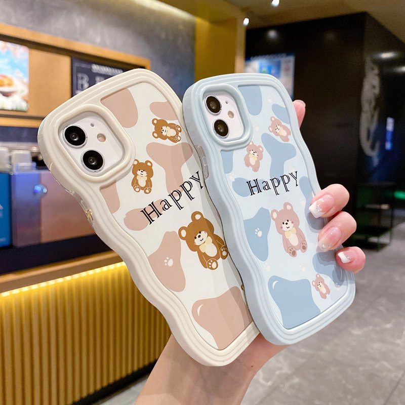 Happy Brown Bear 2in1 Wave Soft Case HP iP iPhone 14 13 12 11 Pro X XS XR Max 7 8 + Plus Blue White FTD Casing