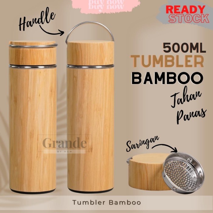 Tumbler stainless bamboo 500ml botol air bambu HANDLE vaccum flask