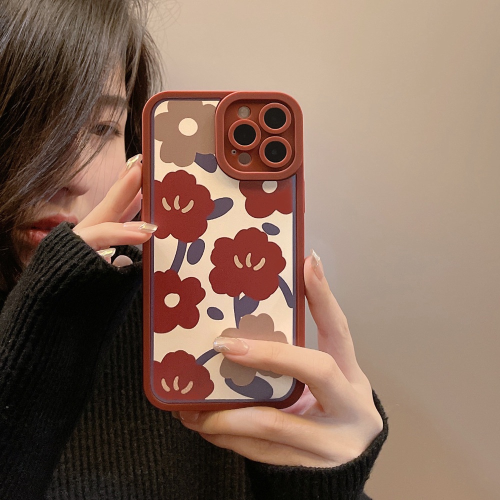 IPHONE [Mata Kucing] Soft Case TPU Anti Slip Untuk Iphone7Plus8 Plus X XS XR XS Max11 13 12 14 PRO Max 14 Plus Ins Fashion Wanita Anggur Bunga Merah