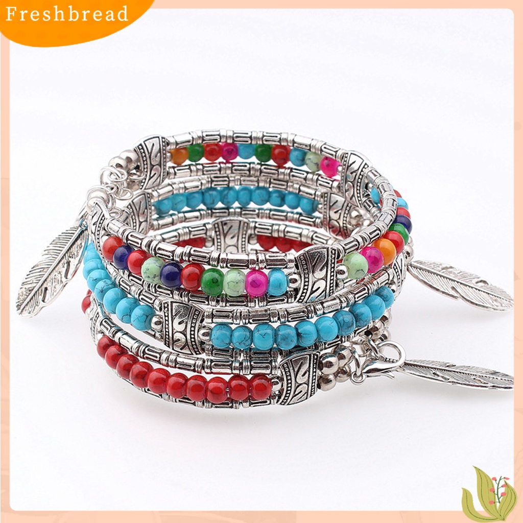 &lt; Freshbread &gt; Gelang Wanita Bentuk Bulu Bahan Alloy Imitasi Turquoise Tiga Lapis Women Bangles Untuk Hadiah