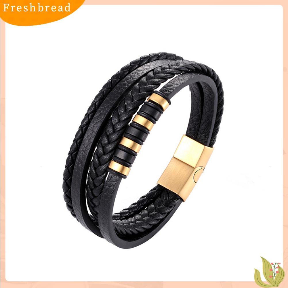 &lt; Freshbread &gt; Fashion Pria Kulit Imitasi Multilayer Dikepang Tali Cuff Bangle Gelang Perhiasan