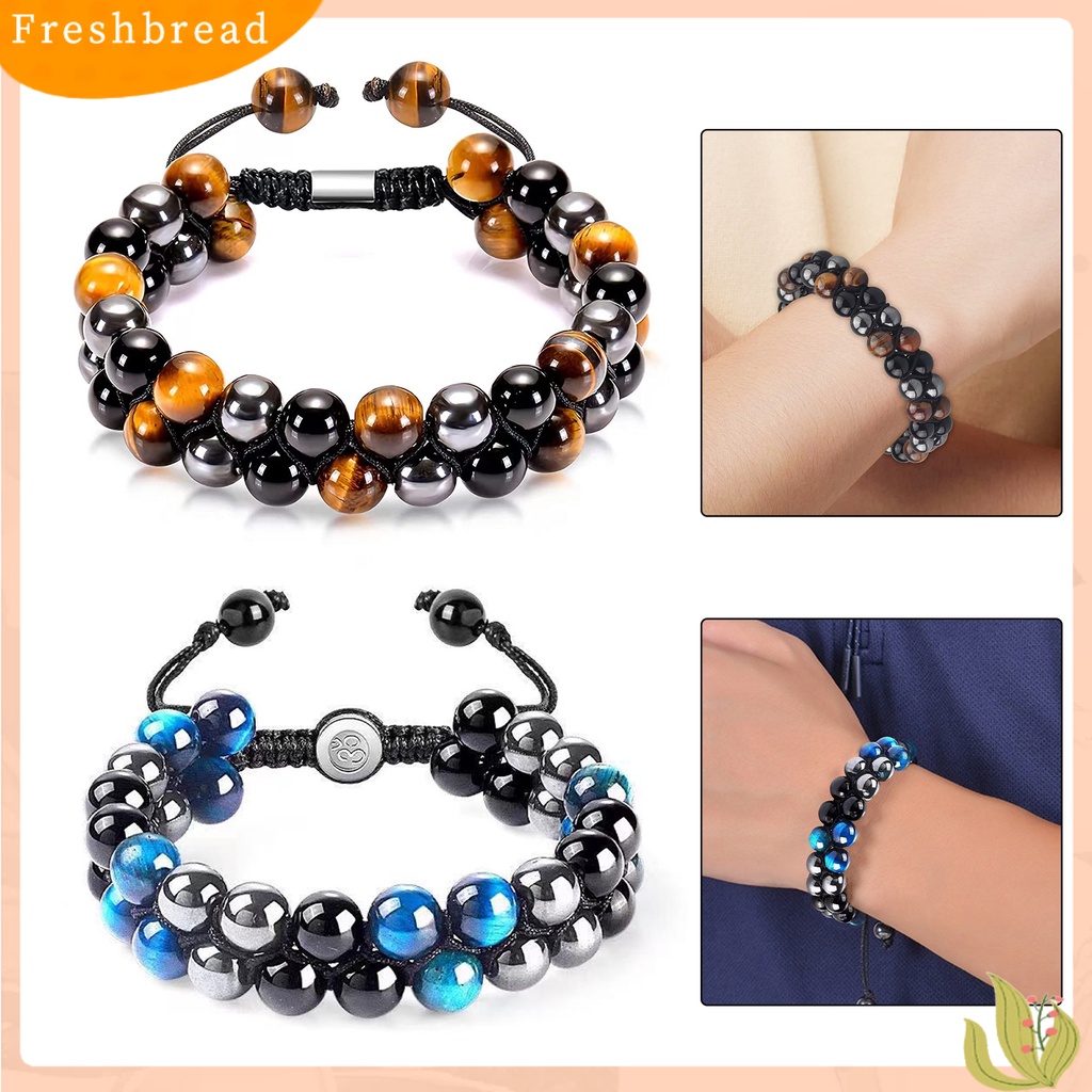 &lt; Freshbread &gt; Beads Bracelet Adjustable Beaded Double Layer Triple Protection Tali Elastis Membawa Keberuntungan Hadiah Pria Wanita Alami Faux Tiger Eye Healing Bracelet Untuk Teman