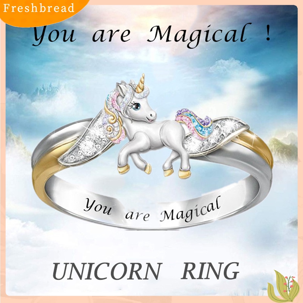 &lt; Freshbread &gt; Fashion Wanita Desain Unicorn Berlian Imitasi Huruf Ukiran Alloy Cincin Perhiasan Hadiah