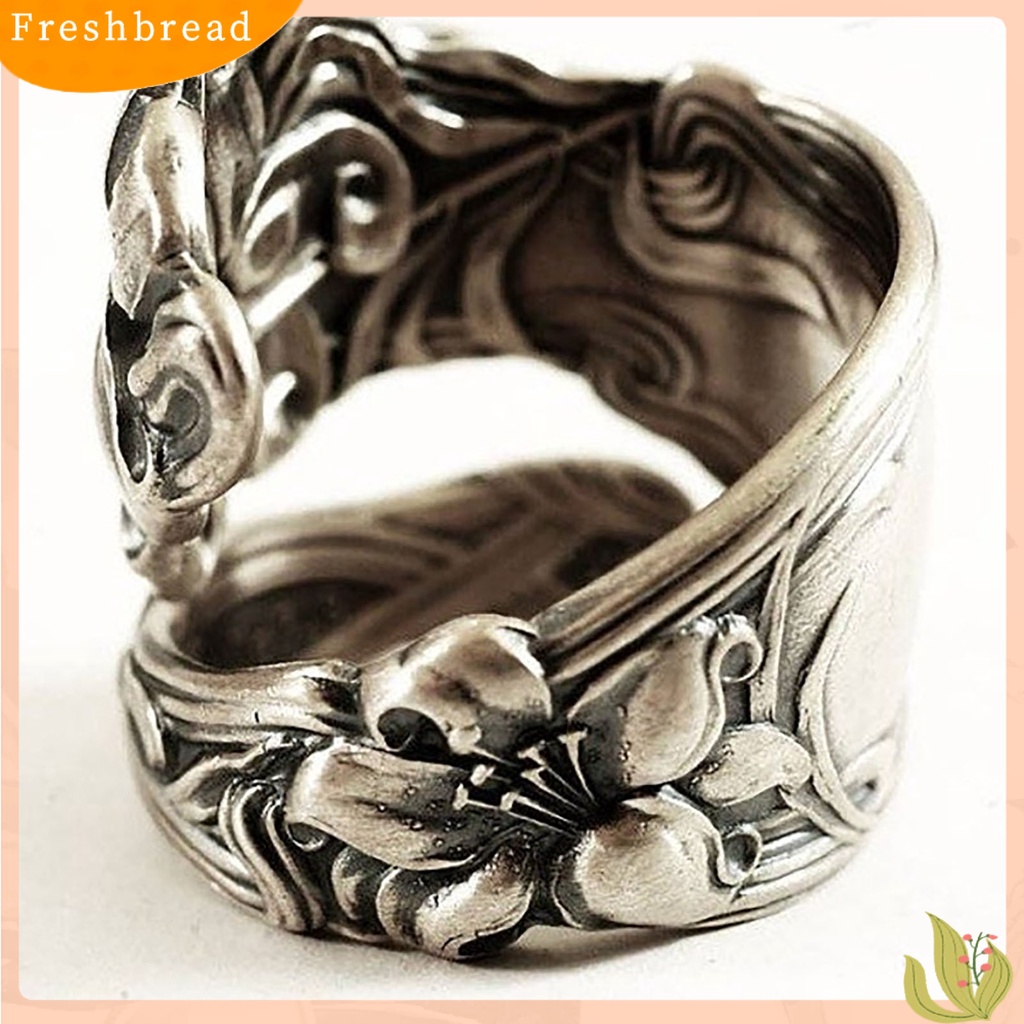 &lt; Freshbread &gt; Adjustable All-matched Warna Perak Wanita Cincin Buatan Tangan Ukir Bunga Pembukaan Cincin Perhiasan Alat Ekstra