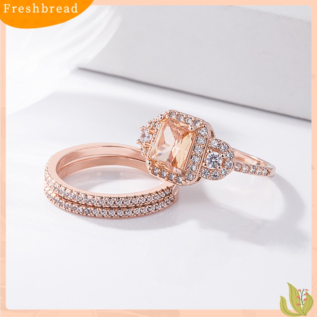 &lt; Freshbread &gt; 2Pcs/Set Ladies Rings Shiny Faux Crystal Rose Golden Alloy Ring Elegan Perhiasan Aksesoris Fashion Micro-Hias Square Rhinestones Rings Hadiah Pertunangan