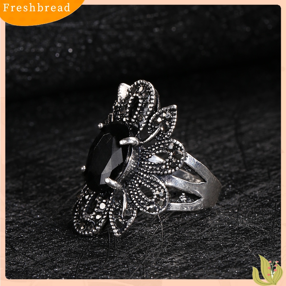 &lt; Freshbread &gt; Wanita Vintage Berongga Pola Bunga Cincin Berlapis Paduan Resin Jari Perhiasan Hadiah