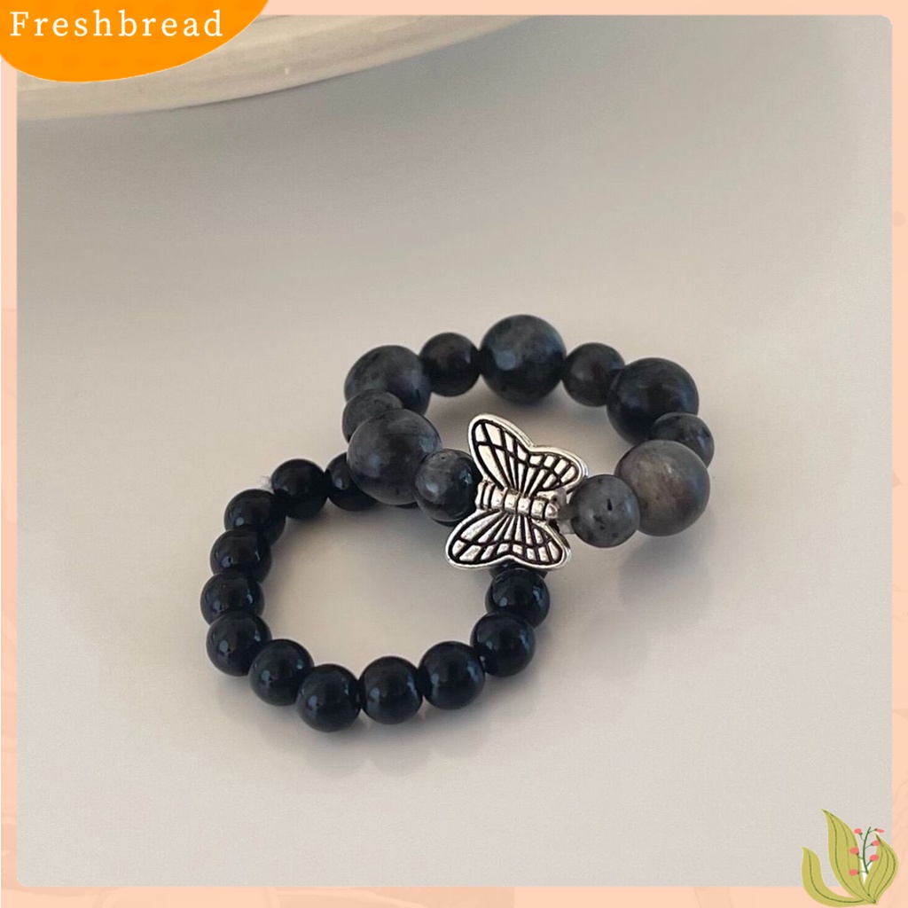 &lt; Freshbread &gt; 2Pcs/Set Beads Rings Butterfly Decor Handmade Personality Bright Luster Shining Decoration Permukaan Halus Multi Manik-Manik Batu Alam Tali Rantai Rings Fashion Perhiasan