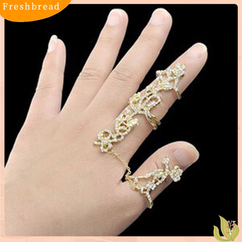 &lt; Freshbread &gt; Bersinar Dekoratif Cincin Jari Ganda Paduan Berlian Imitasi Penuh Bunga Mawar Rantai Link Rings Perhiasan Hadiah