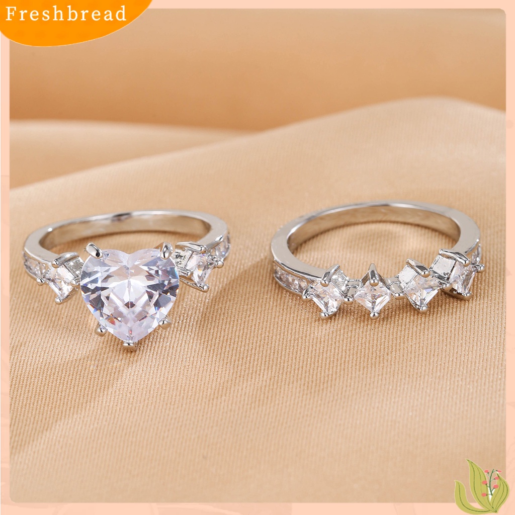 &lt; Freshbread &gt; 2pcs/Set Lady Set Cincin Bentuk Hati Geometris Dipoles Mengkilap Cubic Zirconia Indah Jari Dekorasi Mewah Romantis Cinta Buku Jari Cincin Set Perhiasan