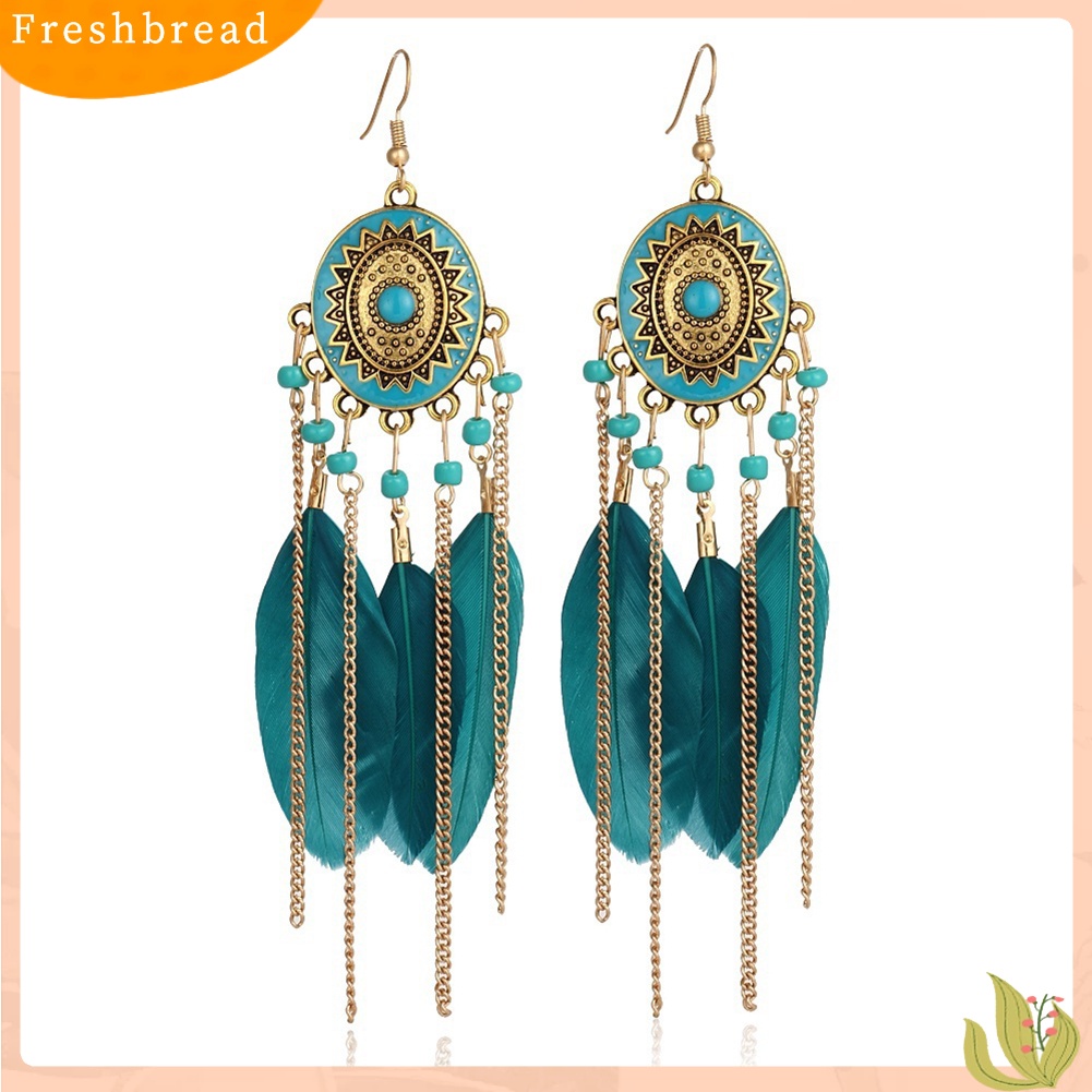 &lt; Freshbread &gt; Vintage Rantai Emas Bulu Rumbai Liontin Kait Anting Kasual Pesona Perhiasan