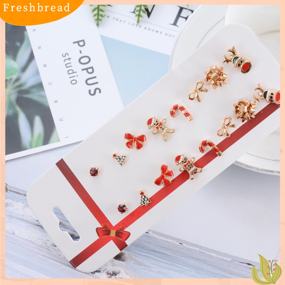 &lt; Freshbread &gt; 8pasang Pohon Natal Elk Snowflake Gingerbread Man Ear Stud Earrings Jewelry