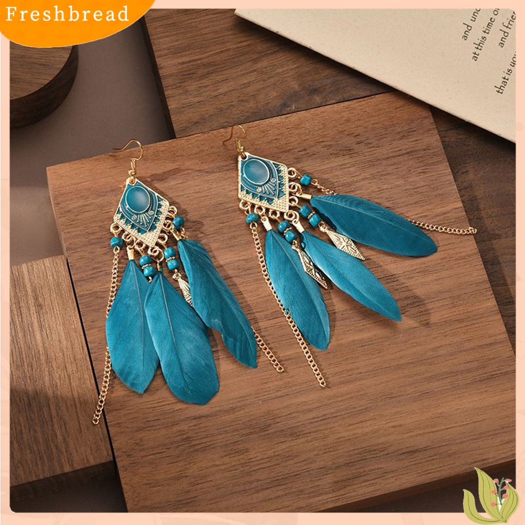 &lt; Freshbread &gt; 1pasang Anting Kait Bohemian Tetes Minyak Geometris Persegi Panjang Liontin Temperamen Dekorasi Elegan Bulu Buatan Rumbai Menjuntai Anting Aksesoris Kostum