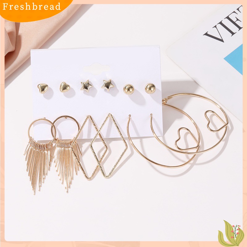 &lt; Freshbread &gt; 6pasang Wanita Mutiara Imitasi Bulat Geometris Menjuntai Ear Stud Hoop Earrings Jewelry