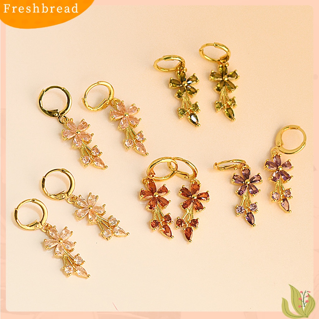 &lt; Freshbread &gt; 1pasang Anting Perhiasan Indah Menawan Tembaga Bunga Cubic Zirconia Tetesan Air Anting Hoop Untuk Kehidupan Sehari-Hari